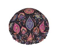 Cuffia da doccia da donna, riutilizzabile, alla moda, comoda, retrò, classica, con stampa a doppio strato, capelli per doccia, con corda elastica e fodera in PEVA