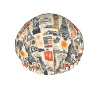 Cuffia da doccia da donna, riutilizzabile, alla moda, comoda, vintage, con stampa collage, doppio strato, con corda elastica e fodera in PEVA