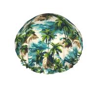 Cuffia da doccia da donna, riutilizzabile, con doppia isola hawaiana e stampa su strato per capelli, con corda elastica e fodera in PEVA