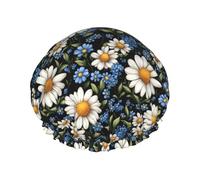 Cuffia da doccia da donna, riutilizzabile, con doppia stampa di margherite blu e bianche, per doccia, con corda elastica e fodera in PEVA