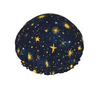 Cuffia da doccia da donna, riutilizzabile, con doppia stella gialla e stampa solare, per doccia, con corda elastica e fodera in PEVA