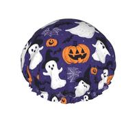 Cuffia da doccia da donna, riutilizzabile, con doppia zucca fantasma, graziosa stampa per capelli, per doccia, con corda elastica e fodera in PEVA