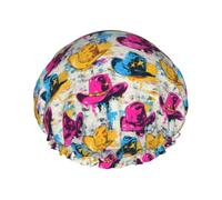 Cuffia da doccia da donna, riutilizzabile, con doppio graffito, rosa, cappello da cowboy stampato, per doccia, con corda elastica e fodera in PEVA