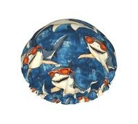 Cuffia da doccia da donna, riutilizzabile, con doppio occhiale con stampa di squalo, cuffia per capelli per doccia, con corda elastica e fodera in PEVA