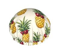 Cuffia da doccia da donna, riutilizzabile, con doppio occhiale rosso, stampa ananas, cuffia per capelli per doccia, con corda elastica e fodera in PEVA