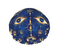 Cuffia da doccia da donna, riutilizzabile, con doppio occhio blu e oro, una cuffia per capelli per doccia con corda elastica e fodera in PEVA