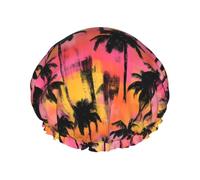 Cuffia da doccia da donna, riutilizzabile, con doppio paesaggio tropicale, con stampa di silhouette tropicale, per doccia, con corda elastica e fodera in PEVA