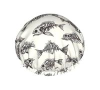 Cuffia da doccia da donna, riutilizzabile, con doppio scheletro di pesce fossile, con stampa fossile, cuffia per capelli per doccia, con corda elastica e fodera in PEVA