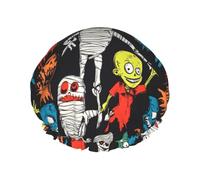 Cuffia da doccia da donna, riutilizzabile, con stampa astratta di Halloween, a doppio strato, con fodera in PEVA e corda elastica