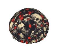 Cuffia da doccia da donna, riutilizzabile, con stampa classica di teschi, a doppio strato, con fodera in PEVA e corda elastica