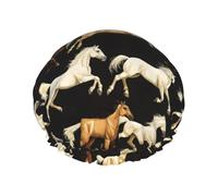 Cuffia da doccia da donna, riutilizzabile, con stampa di cavalli che corrono, a doppio strato, con fodera in PEVA e corda elastica