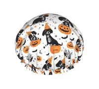 Cuffia da doccia da donna, riutilizzabile, con stampa di cuccioli di Halloween, a doppio strato, con fodera in PEVA e corda elastica