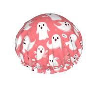 Cuffia da doccia da donna, riutilizzabile, con stampa di fantasmi bianchi, a doppio strato, con fodera in PEVA e corda elastica