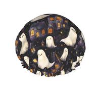 Cuffia da doccia da donna, riutilizzabile, con stampa di fantasmi di Halloween, a doppio strato, con fodera in PEVA e corda elastica