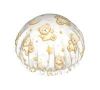 Cuffia da doccia da donna, riutilizzabile, con stampa di orso, luna, stelle, doppio strato, con fodera in PEVA e corda elastica