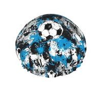 Cuffia da doccia da donna, riutilizzabile, con stampa di palloni da calcio, a doppio strato, con fodera in PEVA e corda elastica