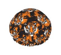 Cuffia da doccia da donna, riutilizzabile, con stampa di tigri, a doppio strato, con fodera in PEVA e corda elastica