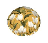 Cuffia da doccia da donna, riutilizzabile, con stampa di tulipani bianchi, a doppio strato, con fodera in PEVA e corda elastica