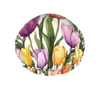 Cuffia da doccia da donna, riutilizzabile, con stampa di tulipani colorati, a doppio strato, con fodera in PEVA e corda elastica