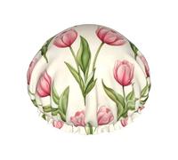 Cuffia da doccia da donna, riutilizzabile, con stampa di tulipani rosa, a doppio strato, con fodera in PEVA e corda elastica