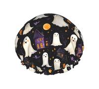Cuffia da doccia da donna, riutilizzabile, con stampa fantasma di Halloween, a doppio strato, con fodera in PEVA e corda elastica