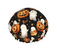 Cuffia da doccia da donna, riutilizzabile, con stampa fantasma di Halloween, a doppio strato, con fodera in PEVA e corda elastica