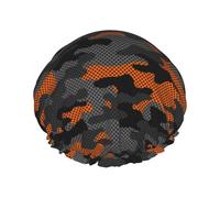 Cuffia da doccia da donna, riutilizzabile, con stampa mimetica arancione e grigio, a doppio strato, con fodera in PEVA e corda elastica
