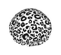 Cuffia da doccia da donna, riutilizzabile, doppia cuffia per capelli con stampa leopardata nera e grigia, con corda elastica e fodera in PEVA