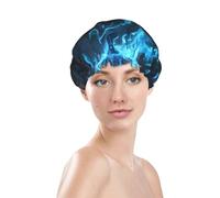 Cuffia da doccia da donna, riutilizzabile e impermeabile, a doppio strato, con fascia elastica per capelli lunghi, con zucca di Halloween, fantasma blu fiamma