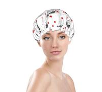 Cuffia da doccia da donna, riutilizzabile e impermeabile, a doppio strato, con fascia elastica per capelli lunghi, motivo: Boston Terrier, con cuori di cane, graziosa cuffia per la doccia