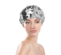 Cuffia da doccia da donna, riutilizzabile e impermeabile, a doppio strato, con fascia elastica per capelli lunghi, motivo floreale con teschio di zucchero e ritratto