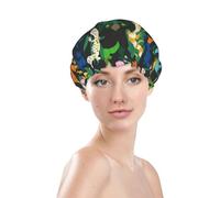 Cuffia da doccia da donna, riutilizzabile e impermeabile, a doppio strato, fascia elastica per capelli lunghi, a strisce, graziosa pianta di geco lucertola, una cuffia per capelli per doccia