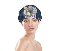 Cuffia da doccia da donna, riutilizzabile e impermeabile, a doppio strato, fascia elastica per capelli lunghi, colore: blu dorato con fiore di loto