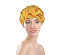 Cuffia da doccia da donna, riutilizzabile, impermeabile, a doppio strato, fascia elastica per capelli lunghi, con stampa hot dog giallo, per doccia