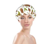 Cuffia da doccia da donna, riutilizzabile, impermeabile, a doppio strato, fascia elastica per capelli lunghi, con foglie verdi e chiocciole marroni