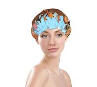 Cuffia da doccia da donna, riutilizzabile, impermeabile, a doppio strato, fascia elastica per capelli lunghi, con animali sull'arca di Noè, per doccia