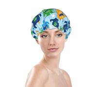 Cuffia da doccia da donna, riutilizzabile, impermeabile, a doppio strato, fascia elastica per capelli lunghi, cuffia da bagno per capelli con mostro dei cartoni animati per la doccia