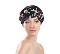 Cuffia da doccia da donna, riutilizzabile, impermeabile, a doppio strato, fascia elastica per capelli lunghi, cuffia da bagno con scheletro zombie mummia scheletro per doccia