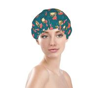 Cuffia da doccia da donna, riutilizzabile, impermeabile, a doppio strato, fascia elastica per capelli lunghi, rana e funghi, una cuffia per capelli per la doccia