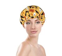 Cuffia da doccia da donna, riutilizzabile, impermeabile, a doppio strato, fascia elastica per capelli lunghi, cuffia da bagno per capelli con zucca fantasma di Halloween