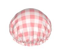 Cuffia da doccia da donna, riutilizzabile, quadrata, con stampa scozzese rosa, bianca, a doppio strato, con fodera in PEVA e corda elastica