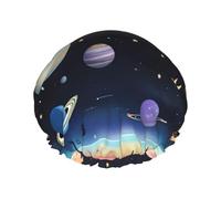 Cuffia da doccia da donna Saturn Jupiter Earth a doppio strato, riutilizzabile, design di grandi dimensioni adatto a tutte le lunghezze dei capelli, adatto per ragazze, spa e uso domestico.