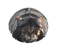 Cuffia da doccia, gatto pilota in aereo vintage, cuffia da doccia da donna, riutilizzabile, impermeabile, cuffia per capelli per doccia, doppio strato, fascia elastica per capelli lunghi