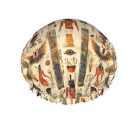 Cuffia da doccia grande da donna, riutilizzabile, con doppio motivo retrò egiziano, stampa a strati, cuffia per capelli per doccia, con corda elastica e fodera in PEVA