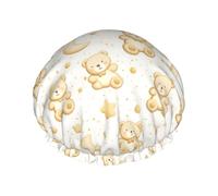 Cuffia da doccia grande da donna, riutilizzabile, con doppio orso, luna, stelle, stampa, strato per capelli, con corda elastica e fodera in PEVA