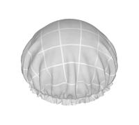 Cuffia da doccia grande da donna, riutilizzabile, con stampa a griglia grigia disegnata a mano, a doppio strato, con fodera in PEVA e corda elastica