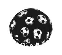 Cuffia da doccia grande da donna, riutilizzabile, con stampa di palloni da calcio, a doppio strato, con fodera in PEVA e corda elastica