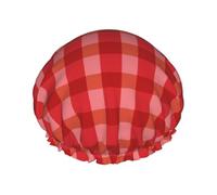 Cuffia da doccia grande da donna, riutilizzabile, doppia classica stampa a quadretti rossi, cuffia per capelli per doccia, con corda elastica e fodera in PEVA