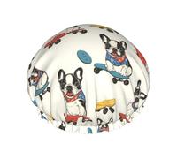 Cuffia da doccia grande da donna, riutilizzabile, doppia cuffia con stampa di cane da skateboard, per doccia, con corda elastica e fodera in PEVA