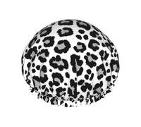 Cuffia da doccia grande da donna, riutilizzabile, doppia stampa leopardata nera grigia alla moda, per doccia, con corda elastica e fodera in PEVA